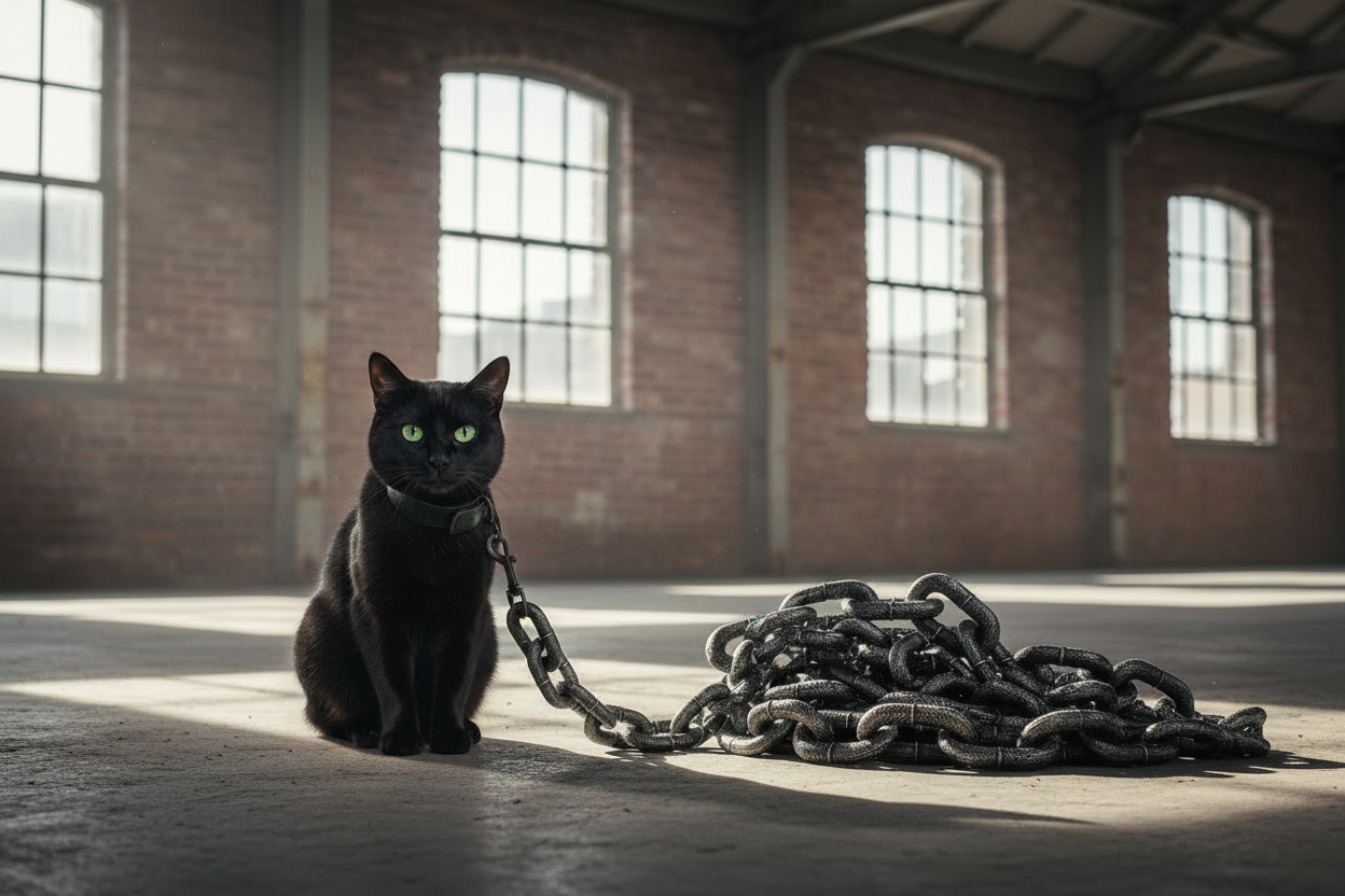 Cat in industrial warehouse with chain
