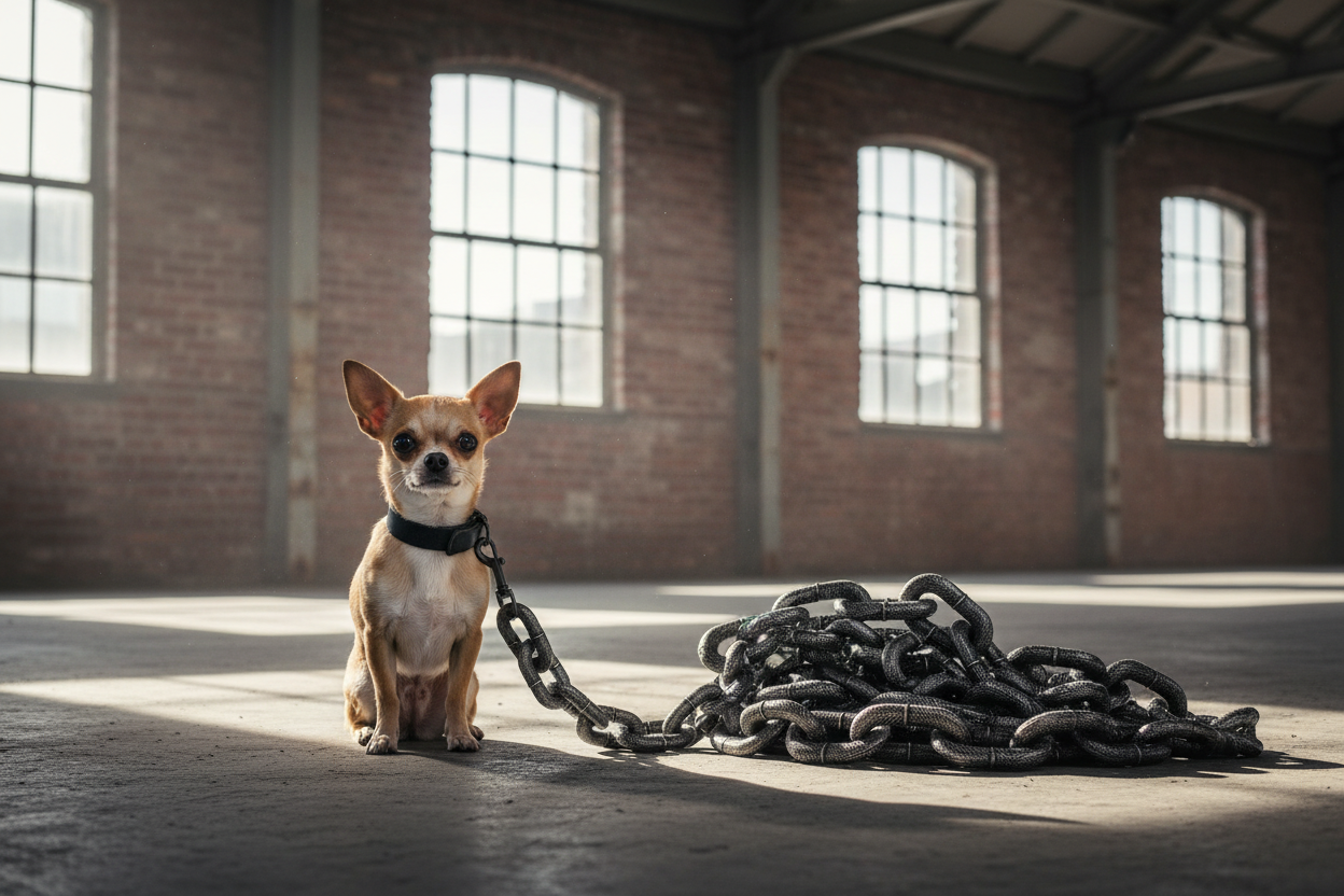 Chihuahua in industrial warehouse with chain